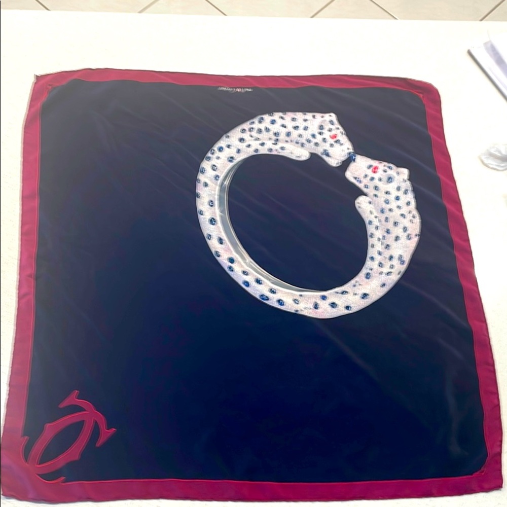 Elegant Cartier Navy and Burgundy Silk Scarf
